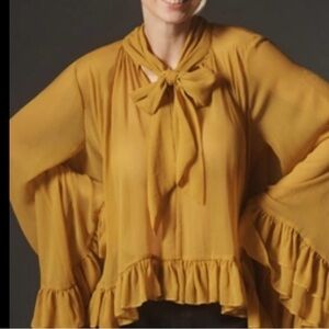 Anthropologie 👀Elegant Mustard Bow-Tie Blouse